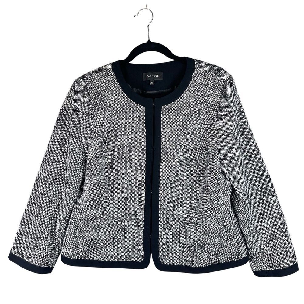 Talbots Blazer Jacket Women's Size 14 Black White Cotton Blend‎ Office Career